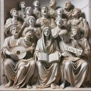 Ancient Roman marble statue of a choir from Psalm 96, representing different nations.