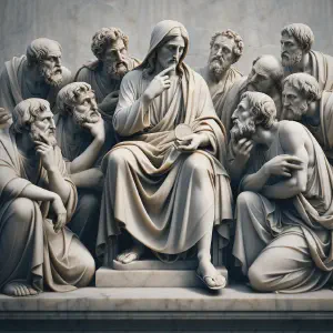 Marble statue capturing Jesus discussing the census tax with the Pharisees in ancient Greek style.