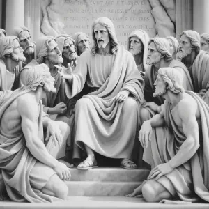 Photograph of a marble statue capturing a gathering, with Jesus at the center, speaking intently to his surrounding disciples, emphasizing the urgency of his message