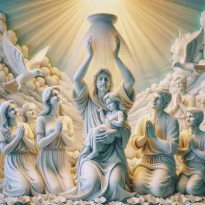 Photograph of a marble statue of families gathered together, with a divine blessing being showered upon them, symbolizing the blessings on families.