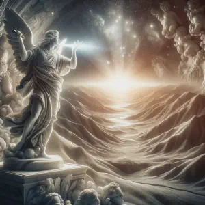 A marble statue depicting an ancient land with divine light, symbolizing a heavenly voice.