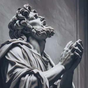 A marble statue of the psalmist in deep devotion, singing praises to the Lord.