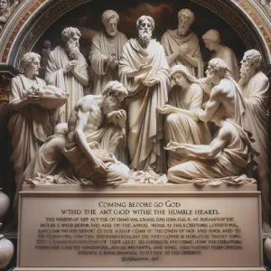 A marble statue scene of a group in prayer and gratitude.