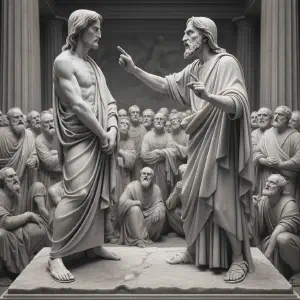 Marble statue of Jesus assertively confronting the synagogue leader.