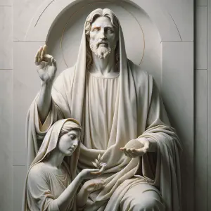 A marble statue depicting Jesus as a humble preacher in ancient Greek or Roman style.