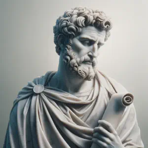 Marble statue of St. Paul in a reflective pose with a scroll, symbolizing his teachings.