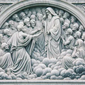 A detailed marble relief sculpture depicting an elder revealing to John the identity of those in white robes in an ancient Greek and Roman style.