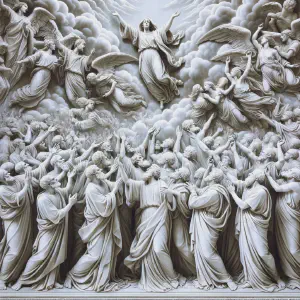 Marble relief sculpture showcasing a celestial scene with a multitude of people, in ancient Greek and Roman art style.