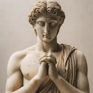 An ancient Greek marble statue of a figure in prayer, with serene expression and hands gently clasped together.