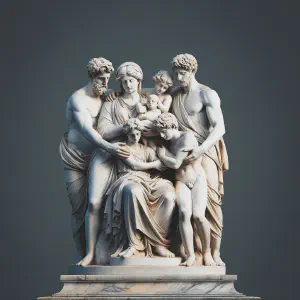 Roman marble statue depicting a family, symbolizing community, with figures of various ages in a protective and loving embrace.