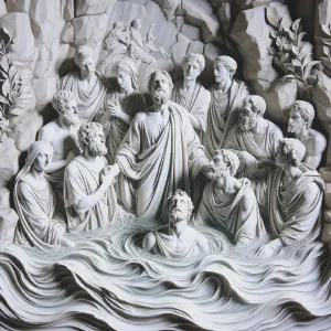 Marble statue depicting believers in the Baptismal Promise, showing unity and faith.