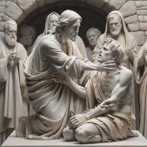 Marble statue depicting Jesus healing a man with dropsy.