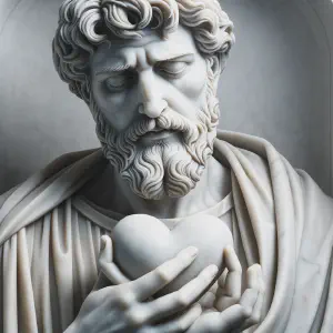 Marble statue showing Apostle Paul with an expression of love and sacrifice.