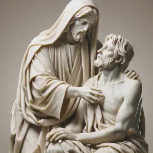 Marble statue of Jesus performing a healing on the Sabbath.