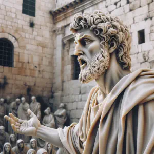 Marble statue depicting Apostle Paul speaking to believers in Jerusalem