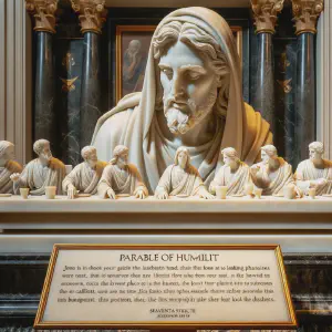 Marble statue representing Jesus at a Sabbath meal with a Pharisee