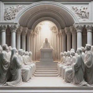 Marble statue of a congregation singing Psalm 94 in a place of worship