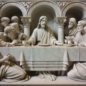 Marble statue depicting Jesus at a banquet with a Pharisee from the Gospel of Luke