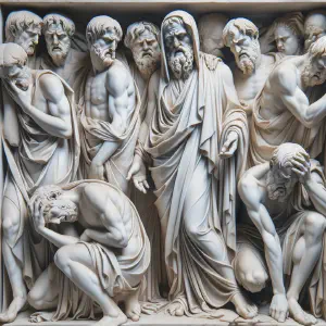 Marble statue depicting priests in a scene of spiritual turmoil.