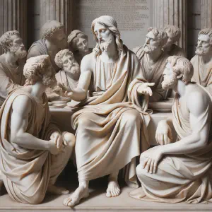 Ancient Greek marble statue depicting Jesus dining at Simon&rsquo;s home.