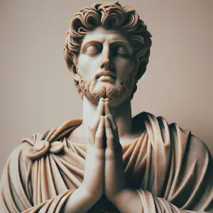 Marble statue of a man in a prayerful pose expressing gratitude.