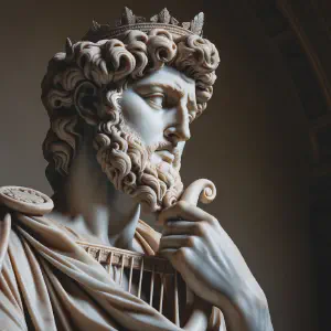 Ancient Roman marble statue portraying King David in reflection.