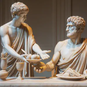 Ancient Roman marble statue of a wealthy host instructing his servant to invite marginalized people.