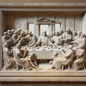 Ancient Greek marble statue depicting the parable of the Great Banquet from the Gospel of Luke.