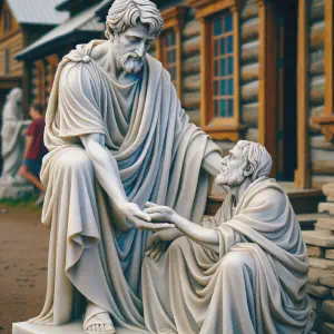 Marble statue of Thomas helping a needy person in his community in ancient Greek or Roman style.