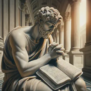 Ancient Greek marble statue of a man praying humbly with an open Bible, symbolizing gratitude.