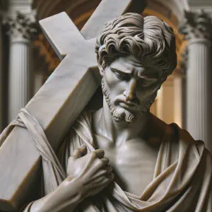 Ancient Roman marble statue of a man carrying a cross, representing the teachings of Jesus from the Gospel of Luke.