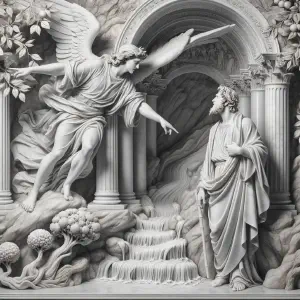 Marble statue depicting the biblical scene of an angel guiding Ezekiel to the temple in Jerusalem.