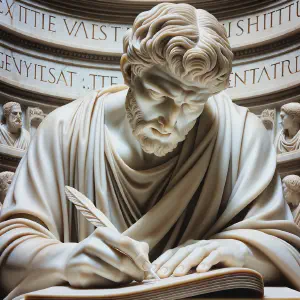 Marble statue of Tertius the scribe in Roman style, captured in a moment of deep concentration.