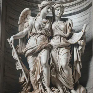 Marble depiction of Prisca and Aquila teaching, embodying dedication and courage.