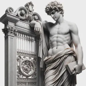 A marble statue of Elias standing by a gate, symbolizing wisdom.