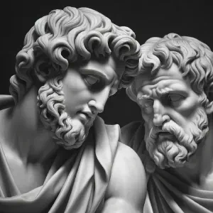 Marble statue depicting Elias and Simon in conversation.