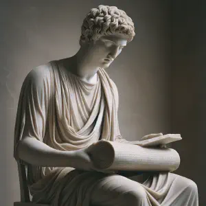 Statue of a person studying scriptures, representing the pursuit of wisdom.