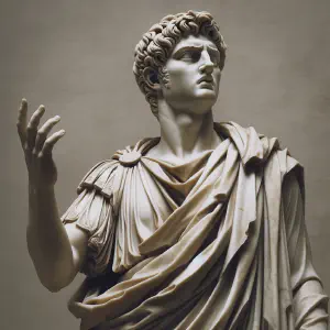 Roman marble statue capturing a moment of vigilance and realization.