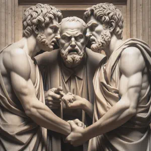 A marble statue showing two brothers in a conflict before a judge in an ancient Greek or Roman setting.