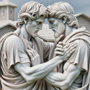 A marble statue capturing the moment of reconciliation between two brothers, inspired by biblical teachings.