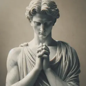 A marble statue of a person in a prayerful pose, symbolizing deep devotion and spiritual connection.