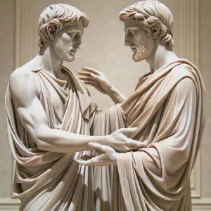 A marble statue of two brothers in an embrace, symbolizing reconciliation and understanding.