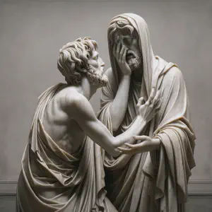 Marble statue of the Samaritan leper expressing gratitude towards Jesus.