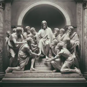 Marble statue depicting Jesus healing the ten lepers, showcasing a miraculous moment.