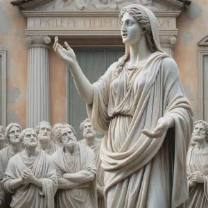 A marble statue of the wise elder Eliana speaking to a crowd in a village square.