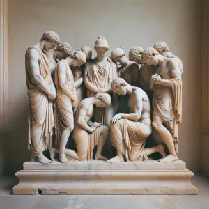 A marble statue of a group of people in a moment of prayer, symbolizing humility.