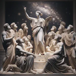 A marble statue of Eliana teaching villagers under a starlit sky, a moment of revelation.