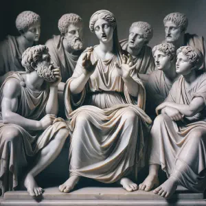 Roman marble statue of Eliana teaching the parable of the talents.