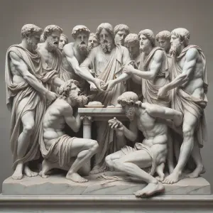 Marble sculpture of Israelites refusing to consume unclean food.