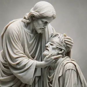 Sculpture showing Jesus restoring sight to a blind beggar.